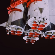 a close up of a space shuttle on display