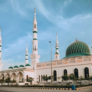 a large white building with a green dome