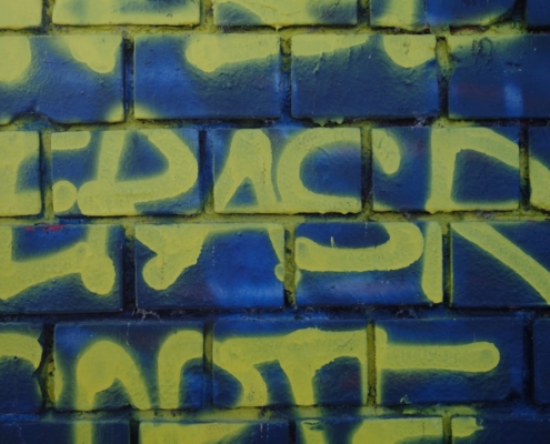 blue and yellow brick wall