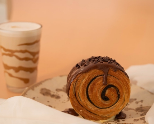 Chocolate pastry and drink create a delicious duo.