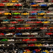 die-cast car collection on rack
