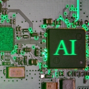 Glowing ai chip on a circuit board.