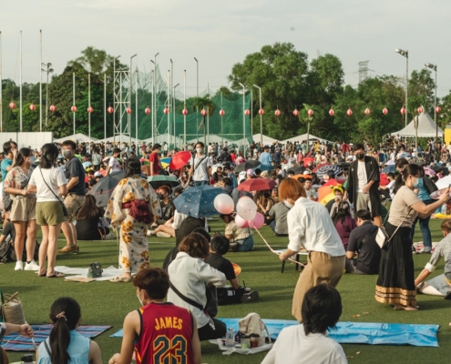 a group of people dancing in a field with a crowd watching