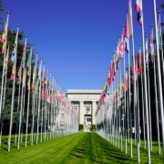 a long row of flags in front of a building