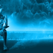 a robot standing in front of a blue background