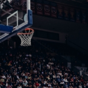 shallow focus photo of white and blue basketball hoop