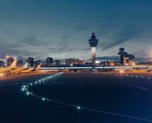 a city skyline at night