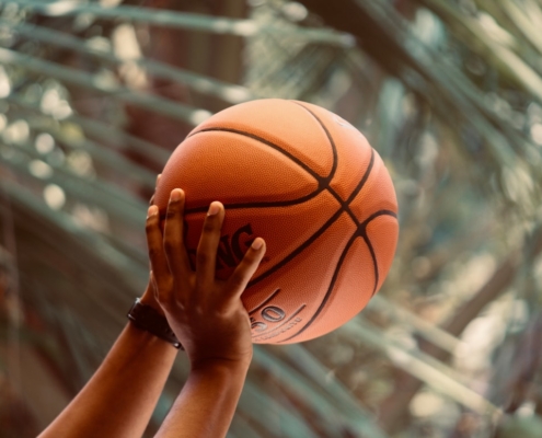 a person holding a basketball up in the air
