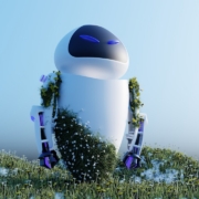 a robot sitting on top of a lush green field