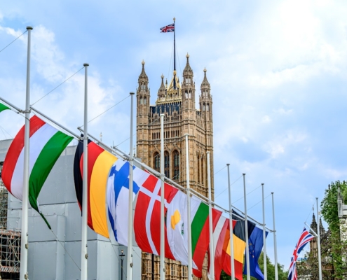 Flags of various countries in front of a building.