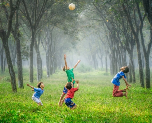 four boy playing ball on green grass