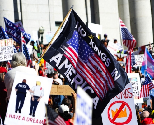 Protesters hold american flags and signs at a rally.