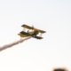Yellow biplane performs aerial stunt with smoke trail.