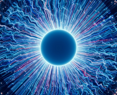 A close up of a blue eyeball in the dark