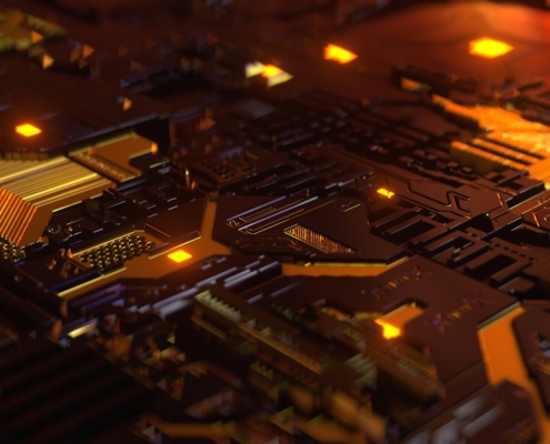 a close up of a computer motherboard with yellow lights