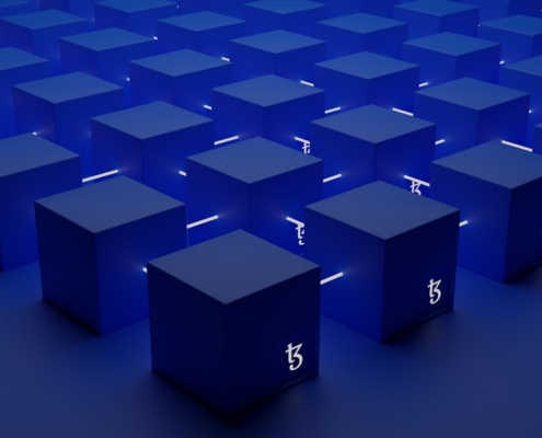 a group of blue cubes with numbers on them