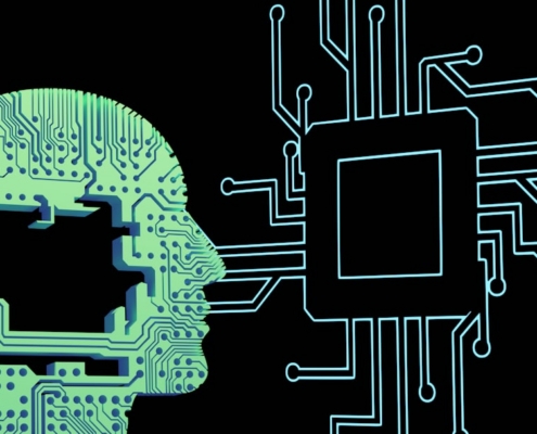 a person's head with a circuit board in front of it