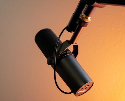 black and silver microphone on brown wall