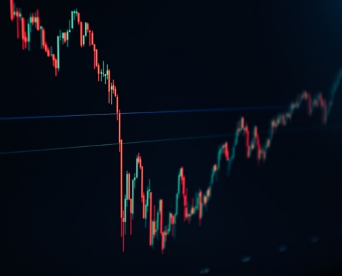 candlestick stock chart on dark screen