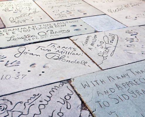 Celebrity handprints and signatures in concrete.