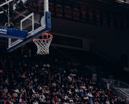 shallow focus photo of white and blue basketball hoop