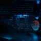 A close up of a computer motherboard in a dark room