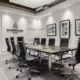 a conference room with a table and chairs