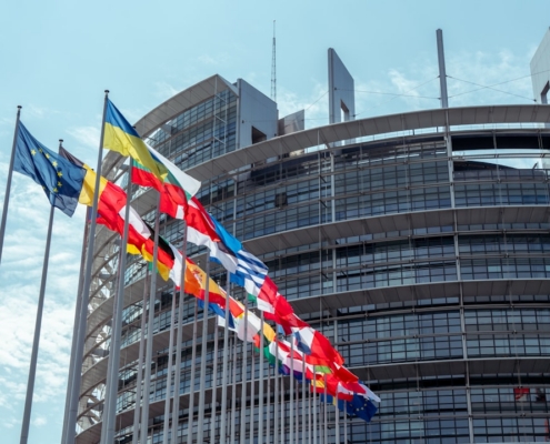a large building with a lot of flags in front of it