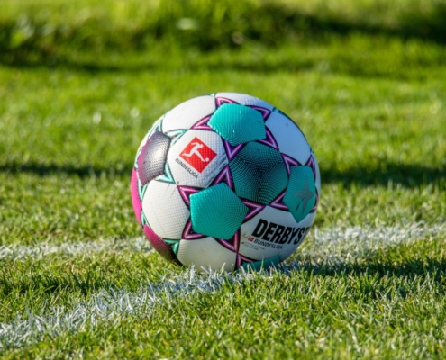 a soccer ball sitting on top of a lush green field