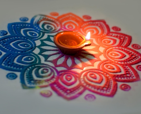 red heart shaped ornament on white and blue paisley textile