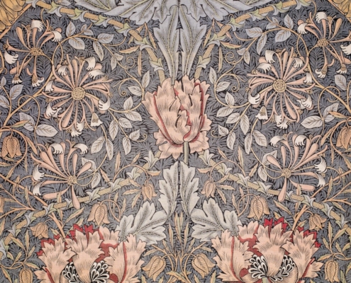 white blue and red floral textile